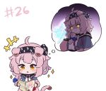  1girl :o animal_ears arknights black_hairband blue_bow blush bow braid cat_ears cat_girl cat_tail chibi coat collar goldenglow_(arknights) hair_bow hairband id_card imagining kurotofu lanyard lightning_bolt_print long_hair long_sleeves numbered open_mouth pink_coat pink_hair reading side_braid simple_background solo tail thought_bubble white_background yellow_eyes 
