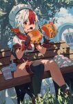  1girl ahoge black_thighhighs burger commentary_request day eating food food_on_face full_body grass holding holding_food looking_at_viewer moutama multicolored_hair open_mouth original outdoors red_eyes red_hair short_hair short_sleeves single_thighhigh sitting solo streaked_hair thighhighs tree two-tone_hair white_hair 