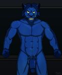  anthro beast_(marvel) blue_body blue_fur blue_hair chalkboard fangs fist fists_clenched fur genitals glowing glowing_eyes hair hi_res humanoid humanoid_genitalia humanoid_penis lewd_latte male marvel muscular penis solo x-men yellow_eyes 