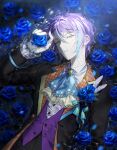  1boy aqua_hair ascot bangs black_background black_jacket black_pants blue_ascot blue_flower blue_rose boutonniere commentary expressionless flower hk_(wgyz7222) holding holding_flower jacket kamishiro_rui looking_at_viewer lying male_focus multicolored_hair on_back pants parted_lips project_sekai purple_hair purple_vest rose shirt sidelocks simple_background solo streaked_hair striped striped_shirt suit_jacket upper_body vest white_shirt yellow_eyes 