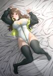  1girl alice_gear_aegis ass_visible_through_thighs bangs bed_sheet black_jacket black_thighhighs blush breasts brown_eyes brown_hair cleavage full_body grey_background highleg highleg_leotard highres jacket large_breasts leotard long_hair long_sleeves looking_at_viewer lying nose_blush on_back open_clothes open_jacket parted_lips simple_background solo sweat thighhighs unpasu usamoto_anna white_leotard zipper 