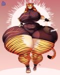  2022 4_toes anthro big_breasts breasts clothed clothing countershading eyewear feet felid female fingerless_gloves glasses gloves handwear hi_res huge_breasts huge_hips huge_thighs hyper hyper_hips hyper_thighs jaeh mammal pantherine smile solo tanya_bellacrow teeth thick_thighs tiger toes wide_hips 