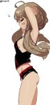  1girl ahoge arms_up bandaid bandaid_on_face bare_legs black_shirt closed_eyes dungeon_and_fighter firstw1 from_side hair_tie hand_in_own_hair ikki_the_vikki midriff shirt short_twintails shorts solo twintails upper_body 