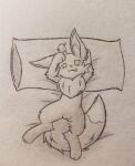  absurd_res cute_expression del_(artist) eevee female feral flower generation_1_pokemon genitals hi_res nintendo pillow plant pokemon pokemon_(species) pussy solo tongue tongue_out traditional_media_(artwork) video_games 
