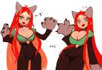  1girl animal_ears animal_hands cat_ears cat_girl cat_paws clothing_cutout dress dungeon_and_fighter fang firstw1 green_eyes looking_at_viewer navel_cutout open_mouth orange_hair upper_body verdil waving white_background 
