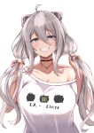  1girl ahoge animal_ears bangs black_nails blush breasts choker cleavage collarbone grey_eyes grey_hair grin hair_between_eyes holding holding_hair hololive huge_breasts lion_ears lion_girl long_bangs long_hair looking_at_viewer off-shoulder_shirt off_shoulder sabamiso_(tomomon021831) shirt shishiro_botan simple_background smile straight-on twintails upper_body virtual_youtuber white_background white_shirt 