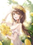  1girl :d arm_up bare_shoulders blurry bouquet breasts brown_hair choker cleavage depth_of_field dress earrings falling_leaves flower from_side green_choker head_wreath holding jewelry leaf long_hair looking_at_viewer low_ponytail medium_breasts minari_(lmina09) open_mouth original smile solo strapless strapless_dress sundress upper_body very_long_hair white_dress yellow_eyes yellow_flower 