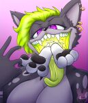  anthro black_body black_fur cabezilla duo female fur green_hair hair hi_res hyaenid mammal mouth_shot open_mouth oral_vore paws piercing purple_eyes vore 