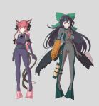  2girls alternate_costume animal_ears arm_cannon bangs belt black_hair blunt_bangs bodysuit bow braid cat_ears chest_jewel flippers full_body green_bow grey_background hair_bow jyaoh0731 kaenbyou_rin long_hair multiple_girls multiple_tails nekomata oxygen_tank radiation_symbol red_eyes red_hair reiuji_utsuho tail touhou twin_braids two_tails weapon wings 