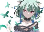  1girl animal_ears blue_hair bug butterfly cat_ears dress ear_piercing earrings ghost_earrings gradient_hair green_hair hair_ornament highres hololive jewelry minmin2563 multicolored_hair off-shoulder_dress off_shoulder piercing skull_hair_ornament uruha_rushia virtual_youtuber 