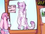  ambiguous_gender anthro atticus_mura clothed clothing costume digital_drawing_(artwork) digital_media_(artwork) duo english_text felid fur fursuit hair lagomorph leporid male mammal on_display pantherine rabbit sign skyl smile snow_leopard store storefront text 