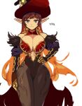  1girl bare_shoulders breasts detached_collar dungeon_and_fighter firstw1 gradient_hair hand_on_hip hat large_breasts long_sleeves looking_at_viewer mature_female multicolored_hair pointy_ears solo thick_thighs thighhighs thighs transcendent_nornil white_background witch witch_hat 