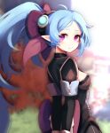  1girl arms_behind_back back_bow blue_hair blurry blurry_background bow cleavage_cutout closed_mouth clothing_cutout dungeon_and_fighter from_side grass hair_bow highres hwaryeok long_hair looking_at_viewer niu_(dungeon_and_fighter) outdoors ponytail purple_eyes smile solo 