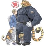  &lt;3 anthro beard belt big_bulge big_muscles big_pecs black_hair blonde_hair blush bottomwear bulge chan_kiti_chan_(artist) clothing embrace eye_contact facial_hair family father father_and_child father_and_son footwear fur group hair hi_res holding_partner hug human human_on_anthro interspecies jacket larger_anthro larger_male looking_at_another male male/male mammal multicolored_body multicolored_fur muscular orange_body orange_fur pants parent parent_and_child pecs platinum_blonde_hair police_hat police_officer police_uniform romantic romantic_couple shoes size_difference smaller_human smaller_male son striped_body striped_fur stripes topwear uniform yellow_body yellow_fur 