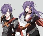  1girl armor asymmetrical_clothes bangs breasts cape cape_tug choker cleavage closed_mouth fire_emblem fire_emblem:_three_houses fire_emblem_warriors:_three_hopes gloves hair_bun hair_over_one_eye highres illust_mi long_hair purple_eyes purple_hair shez_(fire_emblem) shez_(fire_emblem)_(female) shez_(fire_emblem)_(male) short_hair shoulder_armor single_hair_bun spiked_hair sweatdrop 