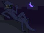  anthro blue_body blue_eyes city city_background hi_res humanoid long_tail machine male markings moon night protogen purple_background rec17 shaded simple_background simple_shading sitting_on_ground solo tattoo 