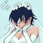  1girl alternate_costume bangs bare_shoulders black_hair blush breasts bridal_veil chainsaw_man closed_eyes dress embarrassed eyepatch hands_on_own_face happy highres himeno_(chainsaw_man) light_blue_background liowig short_hair simple_background smile solo veil wedding_dress 