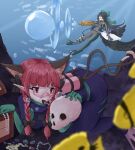  2girls animal_ears blurry blurry_background blurry_foreground bow braid cape cat_ears depth_of_field extra_ears green_bow grin hair_bow jyaoh0731 kaenbyou_rin multiple_girls multiple_tails nekomata oxygen_tank pointy_ears red_hair reiuji_utsuho smile tail touhou treasure twin_braids two_tails underwater white_cape wings 