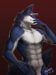  2021 3:4 absurd_res anthro blue_body blue_fur brown_background canid dated flaccid fur genitals glistening glistening_eyes half-length_portrait hi_res looking_at_viewer male mammal muscular muscular_anthro muscular_male narrowed_eyes navel nipples nude papayafurry penis penis_base portrait red_eyes signature simple_background smile solo standing white_body white_fur white_penis 