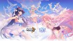  3girls :d ahoge anniversary arm_up bangs bare_shoulders bird blue_eyes blue_flower blue_rose blue_sky breasts cleavage closed_mouth cloud cloudy_sky copyright_name dove dress elf elysia_(herrscher_of_human:ego) elysia_(honkai_impact) flower full_body gloves hair_flower hair_ornament high_heels highres honkai_(series) honkai_impact_3rd kiana_kaslana long_hair looking_at_viewer multiple_girls official_art open_mouth outdoors outstretched_arm pink_eyes pink_hair pointy_ears ponytail purple_eyes purple_hair raiden_mei raiden_mei_(valkyrie_bladestrike) rose sky smile strapless strapless_dress thighhighs wedding_dress white_dress white_footwear white_gloves white_hair white_thighhighs 