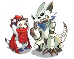  anthro bandai_namco bandanna bandanna_on_neck cape claws clothing digimon digimon_(species) digimon_ghost_game duo enodgmxa eyewear gammamon gesture goggles grin hackmon hi_res hood kerchief male sharp_teeth smile teeth thumbs_up white_body yellow_eyes 