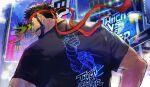  1boy back beard black_hair building character_print facial_hair from_behind headband looking_at_viewer looking_back official_art ryu_(street_fighter) second-party_source shirt sign solo street_fighter street_fighter_6 tamio twitch.tv 