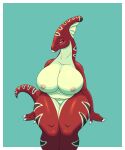  absurd_res anthro arttukorppu bedroom_eyes big_breasts bone_frill breasts dinosaur eyelashes female frill_(anatomy) hadrosaurid hi_res huge_breasts looking_at_viewer narrowed_eyes nipples nude ornithischian overweight overweight_female parasaurolophus red_body red_scales reptile scales scalie seductive sitting solo thick_thighs wide_hips 