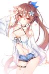  1girl :3 animal_ears arm_up armpits bare_shoulders beliatan black_choker blue_shorts breasts brown_hair center_opening choker cleavage closed_mouth collarbone cowboy_shot cutoffs denim denim_shorts detached_sleeves flower gold_trim hair_flower hair_ornament hair_ribbon halterneck highres indie_virtual_youtuber lilya_kyomi_(fiwivt) long_hair long_sleeves looking_at_viewer medium_breasts micro_shorts midriff multicolored_hair navel open_fly ponytail red_eyes revealing_clothes ribbon shirt short_shorts shorts simple_background smile solo standing stomach streaked_hair thigh_strap thighs very_long_hair virtual_youtuber white_background white_shirt 