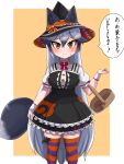  1girl animal_ears aramaru bangs basket bat_(animal) black_dress black_headwear blush bow bowtie brown_eyes closed_mouth commentary dress fox_ears fox_tail frilled_dress frills frown grey_hair halloween halloween_costume hat hat_bow highres holding japari_symbol kemono_friends layered_dress long_hair looking_at_viewer multicolored_stripes orange_background outside_border puffy_short_sleeves puffy_sleeves purple_thighhighs red_bow red_bowtie red_thighhighs short_dress short_sleeves silver_fox_(kemono_friends) skirt_hold solo standing striped striped_thighhighs sweatdrop tail thighhighs translated very_long_hair witch_hat wrist_cuffs 