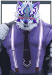  anthro blush canid canine chigiri clothing dress_shirt facial_markings fur head_markings hi_res lifewonders live-a-hero male mammal markings muscular muscular_anthro muscular_male musk_clouds necktie pecs sadayoshi shirt solo suspenders topwear video_games white_body white_fur 