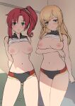  2girls alice_gear_aegis arm_under_breasts arms_behind_back blonde_hair blue_eyes blush breasts character_request closed_mouth highres long_hair looking_at_viewer medium_breasts multiple_girls nipples parted_lips ponytail red_hair short_shorts shorts side_ponytail sidelocks sketch sleeveless sweat unpasu 