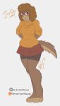  2018 anthro bottomwear brown_body brown_fur brown_hair canid canine canis clothed clothing digitigrade domestic_dog eyebrow_through_hair eyebrows eyewear feet female fluffy fluffy_hair fluxwise freckles fur glasses hair hanna-barbera hi_res legwear looking_at_viewer mammal paws pink_eyes scooby-doo_(series) shaggy_hair simple_background skirt smile solo sweater text tights toes topwear translucent translucent_hair two_tone_face velma_dinkley watermark white_background 