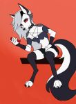  anthro bored canid canid_demon canine canis clothing collar colored demon female hair hellhound helluva_boss hi_res long_hair loona_(helluva_boss) mammal phone punk red_eyes rrezelicht simple_background sitting solo wolf 