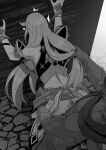  1boy 1girl absurdres against_wall backboob bandaged_arm bandages bangs bent_over black_bean breasts clothed_sex elbow_gloves gloves grabbing_another&#039;s_hair greyscale ground_vehicle highres large_breasts long_hair midriff monochrome motor_vehicle mythra_(xenoblade) netorare outdoors sex sex_from_behind skirt standing standing_sex sweat swept_bangs xenoblade_chronicles_(series) xenoblade_chronicles_2 