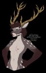  aeltheric_(stella_asher) anthro antlers black_background blue_eyes breasts brown_hair cervid female hair hands_on_hips hi_res horn kittydee mammal narrowed_eyes nipples nude open_mouth simple_background solo 