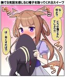  1girl absurdres animal_ears brown_hair commentary_request covering_mouth hair_rings hat highres horse_ears horse_girl horse_tail looking_at_viewer purple_eyes school_uniform simple_background solo sweep_tosho_(umamusume) tail tail_wagging takiki tracen_school_uniform translation_request tsundere umamusume witch_hat 