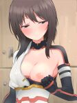  1girl alice_gear_aegis bangs black_hair blurry blurry_background blush bodysuit breasts character_request closed_mouth commentary_request half-closed_eyes highres locker looking_at_viewer medium_breasts medium_hair nipples one_breast_out solo sweat unpasu upper_body 