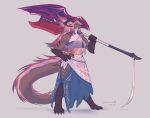  2022 5_fingers abs anthro barefoot breasts brown_body claws clothing digital_media_(artwork) digitigrade dragon feet female fingers grey_background hair hand_on_hip hi_res holding_polearm horn kerime_(trololohstuffs) looking_at_viewer melee_weapon muscular muscular_female pink_hair polearm simple_background smile solo standing translucent translucent_clothing trololohstuffs weapon white_hair 