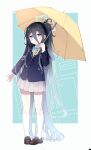  1girl absurdly_long_hair arisu_(blue_archive) black_hair black_hairband blue_archive blue_background blue_bow blue_bowtie blue_eyes blue_hair blue_pupils blue_serafuku border bow bowtie brown_footwear gradient_hair hair_between_eyes hairband halo highres holding holding_umbrella i-tsd light_blue_hair long_hair looking_at_viewer mechanical_halo multicolored_hair one_side_up open_mouth outside_border outstretched_hand pleated_skirt school_uniform serafuku skirt socks solo umbrella very_long_hair white_border white_skirt white_socks yellow_umbrella 