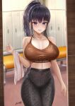  1girl absurdres bangs bare_shoulders blush breasts cleavage collarbone commission covered_navel highres large_breasts long_hair looking_at_viewer navel nori_chazuke original pants ponytail purple_eyes signature solo sports_bra sportswear sweat thigh_gap wet yoga_pants 