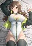  1girl alice_gear_aegis ass_visible_through_thighs bangs bed_sheet black_jacket black_thighhighs blush breasts brown_eyes brown_hair cleavage grey_background highleg highleg_leotard highres jacket large_breasts leotard long_hair long_sleeves looking_at_viewer lying nose_blush on_back open_clothes open_jacket simple_background smile solo sweat thighhighs unpasu usamoto_anna white_leotard zipper 