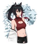  1girl animal_ears arknights bare_shoulders black_hair black_shorts breasts cleavage cleavage_cutout clothing_cutout colored_inner_hair cowboy_shot crop_top fangs_(fangs_art) hair_between_eyes jacket looking_at_viewer midriff multicolored_hair navel off_shoulder open_clothes open_jacket orange_eyes ponytail red_hair red_shirt shirt shorts sidelocks simple_background sleeveless sleeveless_shirt small_breasts solo texas_(arknights) two-tone_hair white_background white_jacket wolf_ears wolf_girl 