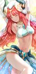  1girl armpits arms_up bangs blush breasts closed_mouth detached_sleeves genshin_impact highres horns large_breasts long_hair long_sleeves navel nilou_(genshin_impact) red_hair smile solo stomach thighs uenoryoma white_headwear 