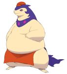  anthro apron belly clothing digitigrade hat headgear headwear hi_res hisuian_form hisuian_typhlosion lidded_eyes nintendo overweight pokemon pokemon_(species) regional_form_(pokemon) simple_background skindentation smile solo thick_thighs video_games waiter white_background zephy_03 