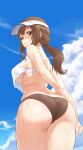  1girl absurdres alice_gear_aegis arms_behind_back ass bangs bikini blue_sky blush breasts brown_bikini brown_eyes brown_hair cloud day from_behind hat highres large_breasts long_hair looking_at_viewer looking_back low_twintails mismatched_bikini outdoors sky solo swimsuit twintails underboob unpasu visor_cap wading water wet white_bikini white_headwear 