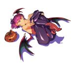  1girl bare_shoulders black_gloves black_pantyhose boots bridal_gauntlets commentary demon_girl demon_wings elbow_gloves english_commentary full_body gloves head_wings high_heel_boots high_heels highres hugging_own_legs jack-o&#039;-lantern leotard lilith_aensland looking_at_viewer lying on_back optionaltypo pantyhose pointy_ears purple_eyes purple_hair red_footwear red_leotard short_hair simple_background smile solo vampire_(game) white_background wings 