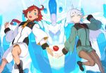  2girls bangs black_footwear black_hairband blue_eyes boots brown_pantyhose floating_hair green_jacket green_shorts grey_hair gundam gundam_aerial gundam_suisei_no_majo haimura_kiyotaka hair_between_eyes hairband jacket long_hair low_ponytail mecha miorine_rembran mobile_suit multiple_girls open_mouth pantyhose red_hair revision robot shorts sketch smile suletta_mercury tomato v-fin white_jacket white_shorts yellow_eyes 