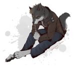  anthro barefoot bottomwear brown_eyes canid canine canis cigarette cigarette_smoke clothing denim denim_clothing feet holding_cigarette holding_object jeans kredri long_sleeves looking_down male mammal pants pawpads solo wolf 