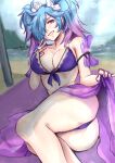  1girl alternate_costume ass ass_focus beach beach_towel beach_umbrella bikini blue_hair breasts camilla_(fire_emblem) camilla_(fire_emblem)_(cosplay) cleavage clothes_lift cloud cloudy_sky cosplay fire_emblem fire_emblem_fates fire_emblem_heroes flashing gradient_hair hair_over_one_eye hand_on_own_chest heterochromia highres large_breasts lips long_hair looking_at_viewer mountain multicolored_hair ocean open_mouth peri_(fire_emblem) pink_hair purple_bikini purple_sarong red_eyes sarong sky smile solo sunlight swimsuit towel twintails two-tone_hair umbrella vialnite 