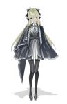  1girl absurdres ahoge artoria_caster_(fate) artoria_pendragon_(fate) bangs black_bow black_footwear blonde_hair blue_bow bow cloak collared_shirt dress fate/grand_order fate_(series) full_body green_eyes grey_cloak hair_between_eyes hair_bow highres long_fall_boots long_hair long_sleeves open_mouth shadow shirt solo standing tokumori_ramen twintails white_background white_shirt 